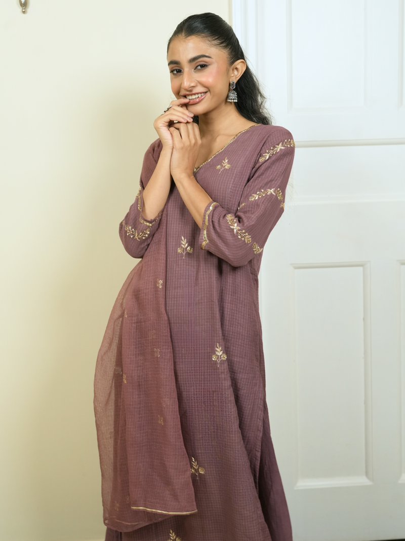 Wine Kota Doria Complete Suit Set