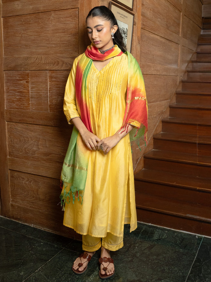 Yellow Chanderi V-Neck Complete Suit Set For Women's