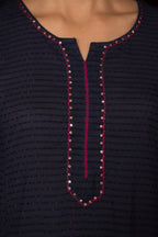 INDIGO BLUE COTTON DOBBY ROUND KURTA HIGHLIGHTED WITH HAND KATHA AND SEQUENCE WORK KURTA PANT SET