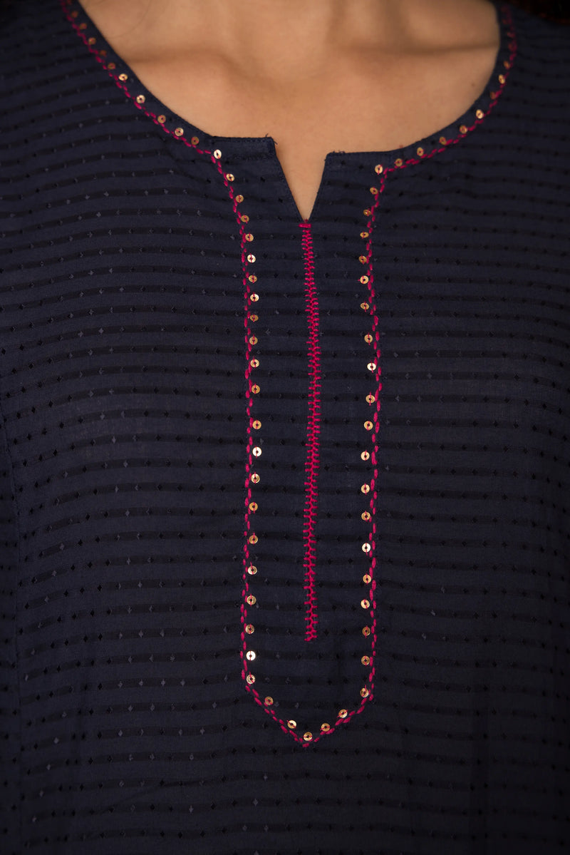 INDIGO BLUE COTTON DOBBY ROUND KURTA HIGHLIGHTED WITH HAND KATHA AND SEQUENCE WORK KURTA PANT SET