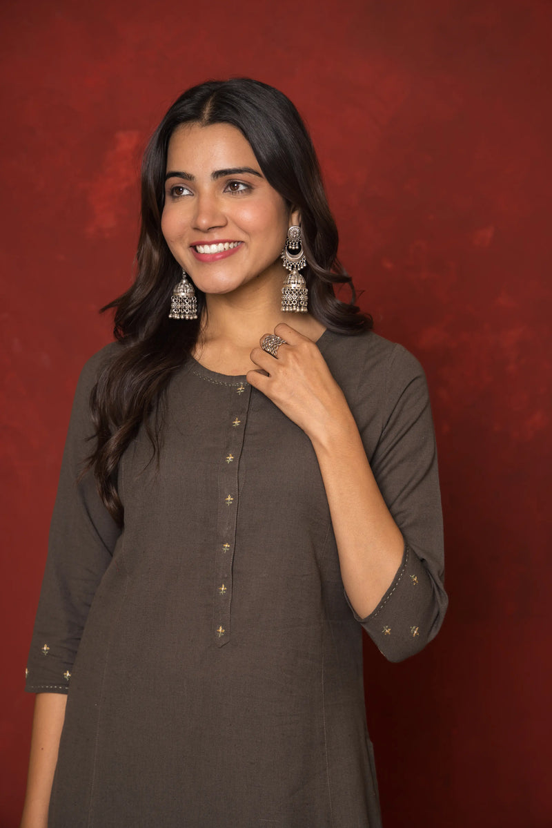 DARK GREY COTTON FLEX ROUND EMBROIDERY ON KURTA AND SLEEVES KURTA PANT SET
