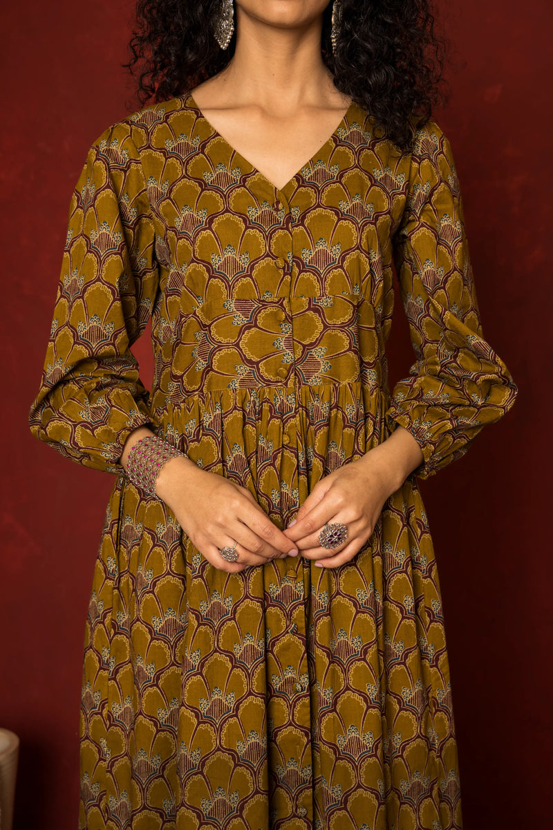 Light Brown Cotton V-Neck Dress For Women's