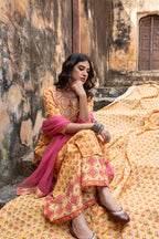 Yellow Cotton Printed Complete Suit Set For Women's