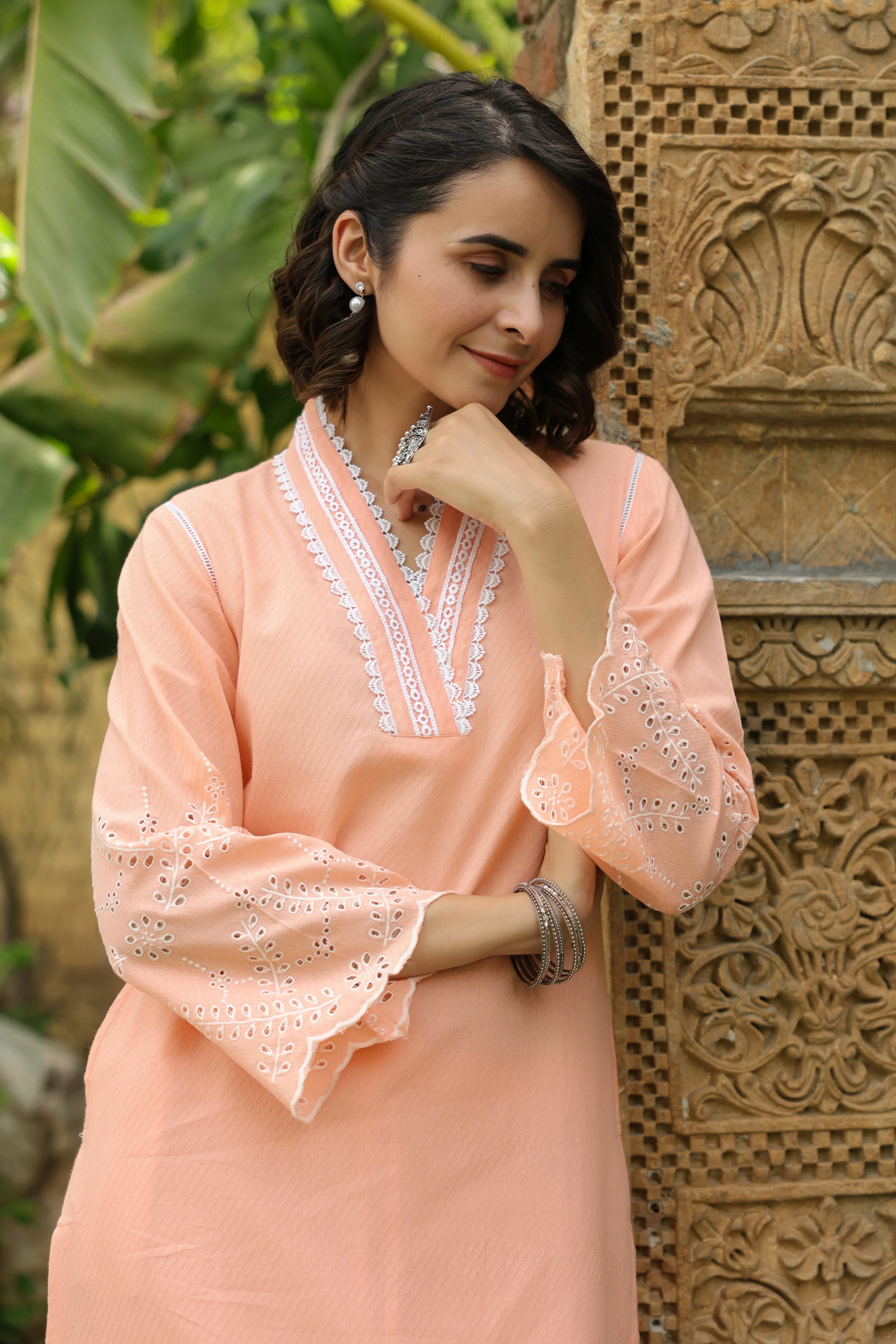 Atisha Peach round with v neck Kurta and Palazzo Set