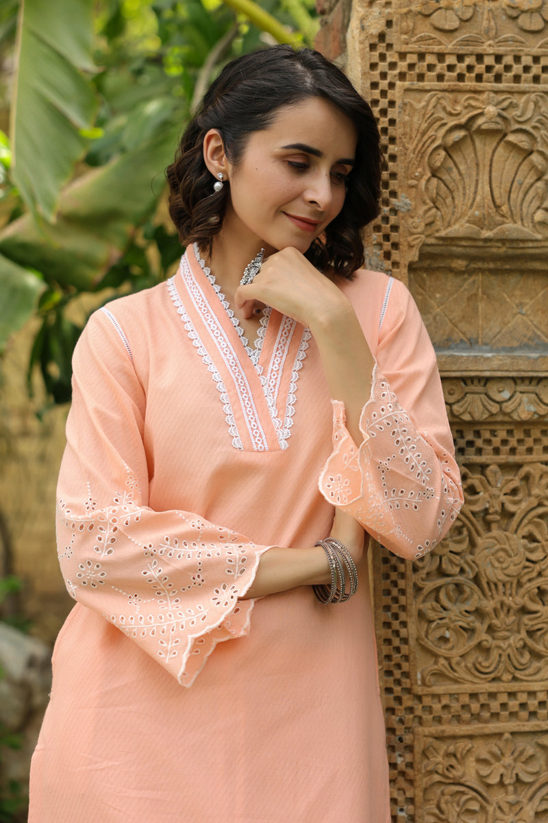 Atisha Peach round with v neck Kurta and Palazzo Set