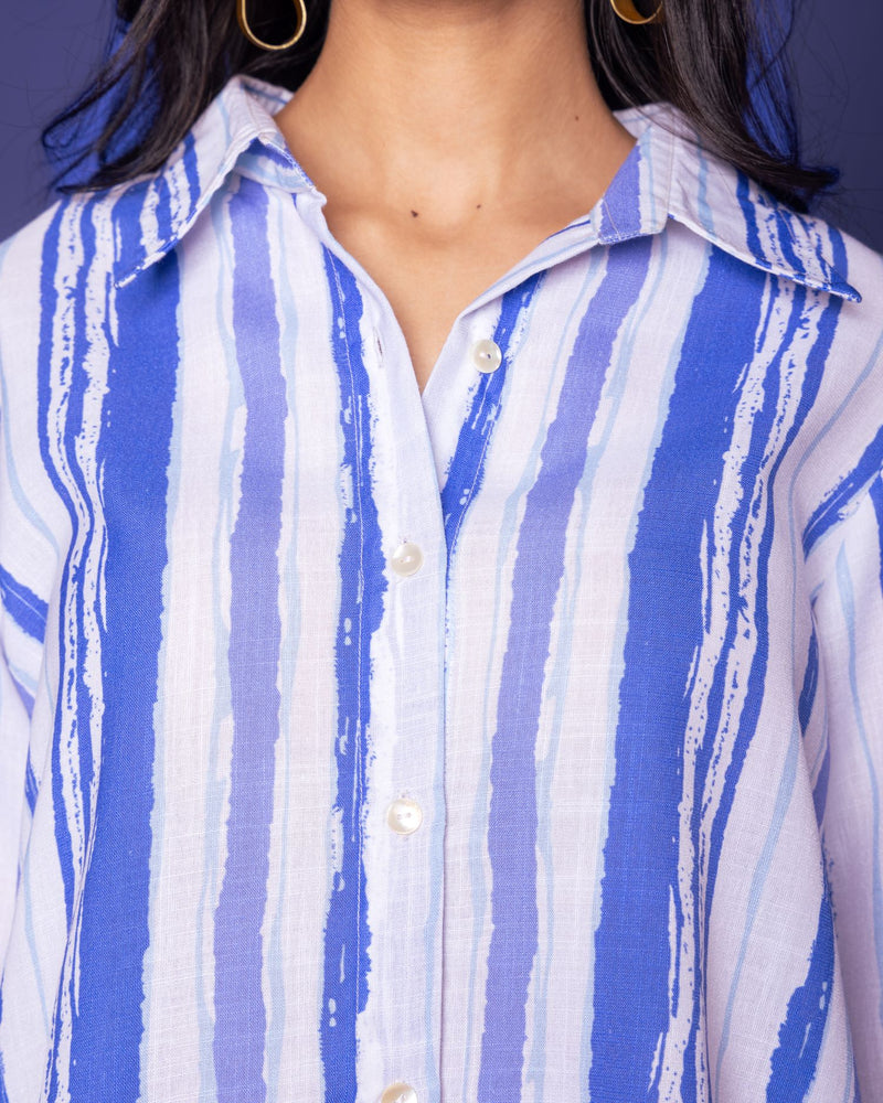 Multicoloured Linen Blend Shirt Collar Strips Short Top For WOMEN'S