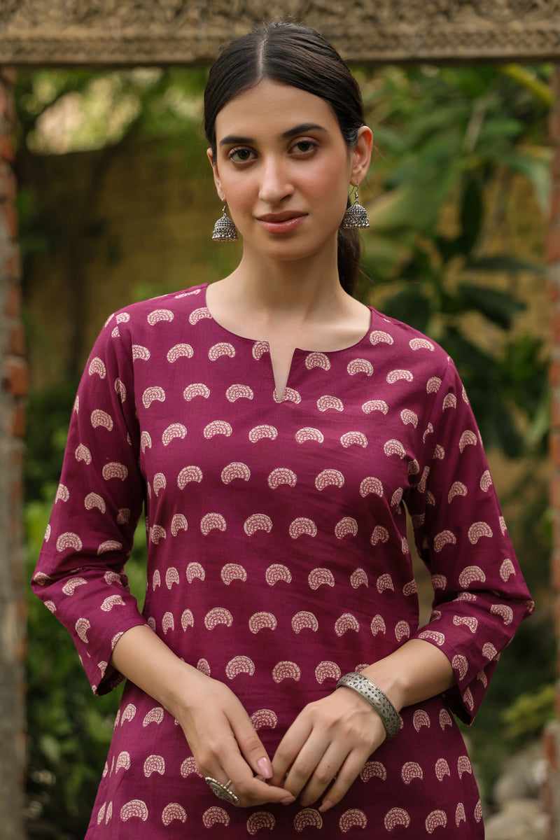 Wine Cotton Round Neck Straight Kurta For Women's