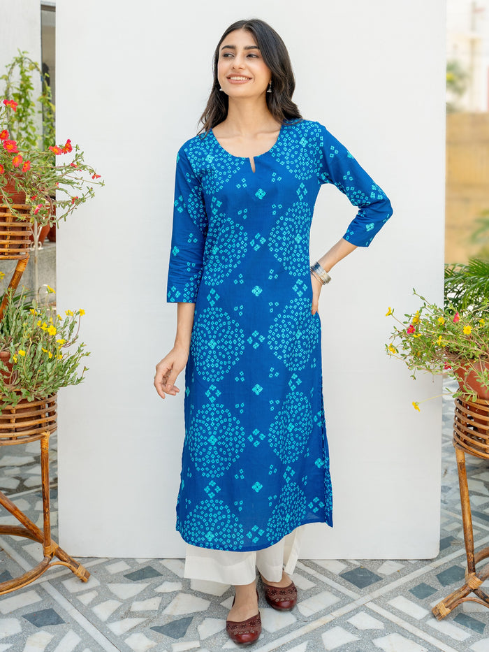 Blue Cotton Bandhani Printed Kurta For Women's