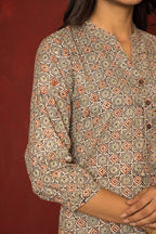 Multicoloured Cotton Collar Handblock Short Top For Women's