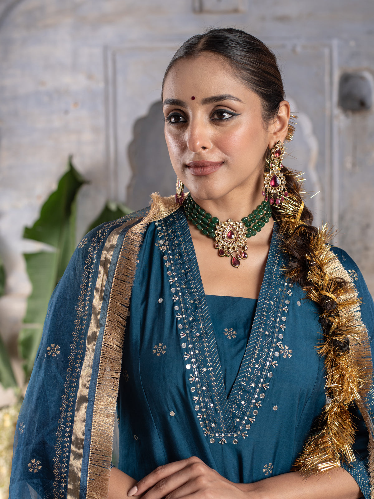 BLUE CHANDERI V NECK  ALL OVER WITH LACE AD KHADI WORK DUPATTA FULL SET