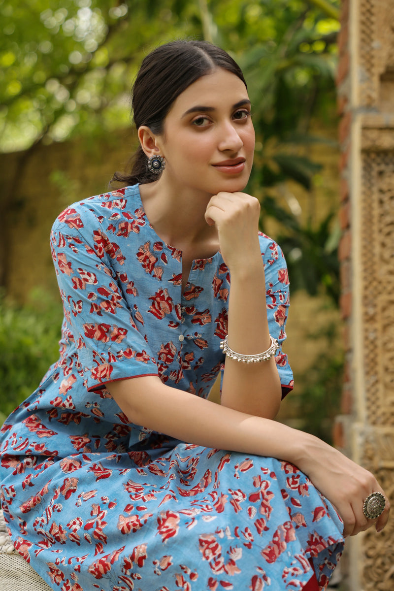 SkyBlue Cotton Handblock Floral Printed  Kurta For Women's