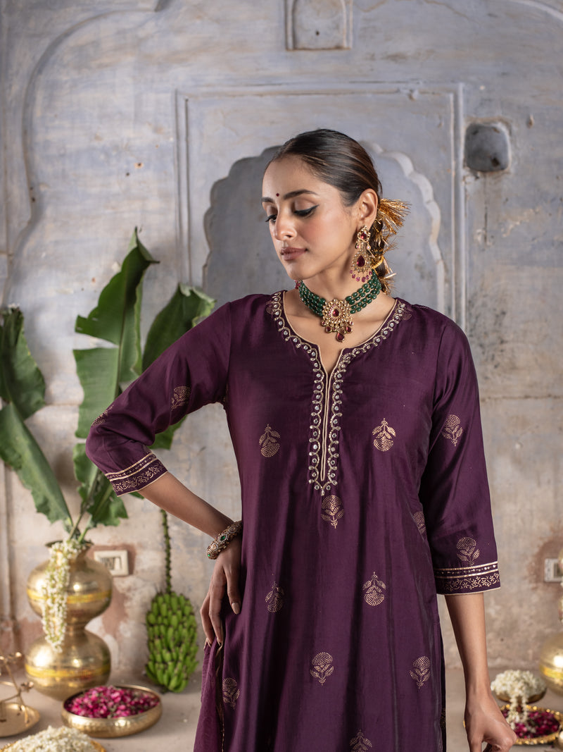BRINJAL CHANDERI ROUND WITH V-CUT KURTA ALL OVER HIGHLIGHTED WITH ROGAN GOLD WORK FULL