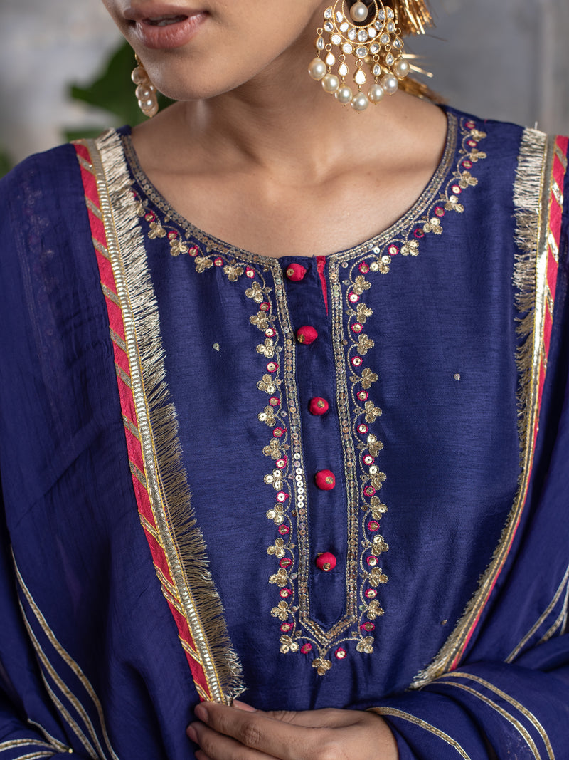 Purplish Blue Chanderi Round Neck Kurta Skirt with Dupatta Set For Women's