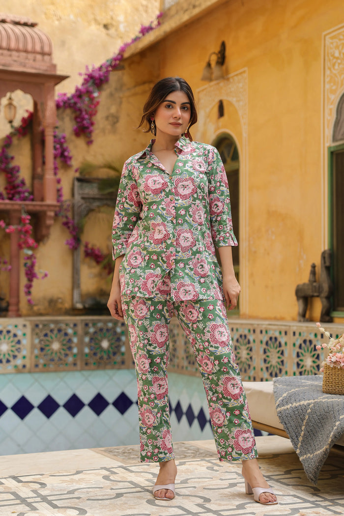 Green With Multicolored Cotton Collar Neck Handblock Co-Ord Set For Women's