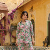 Green With Multicolored Cotton Collar Neck Handblock Co-Ord Set For Women's