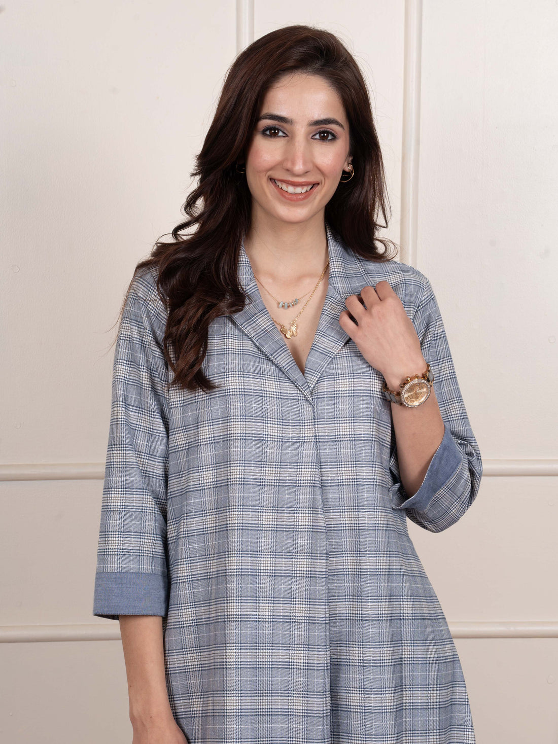 Minor Blue Colour Collar Neck Large Checks Woolen Dress For Women's