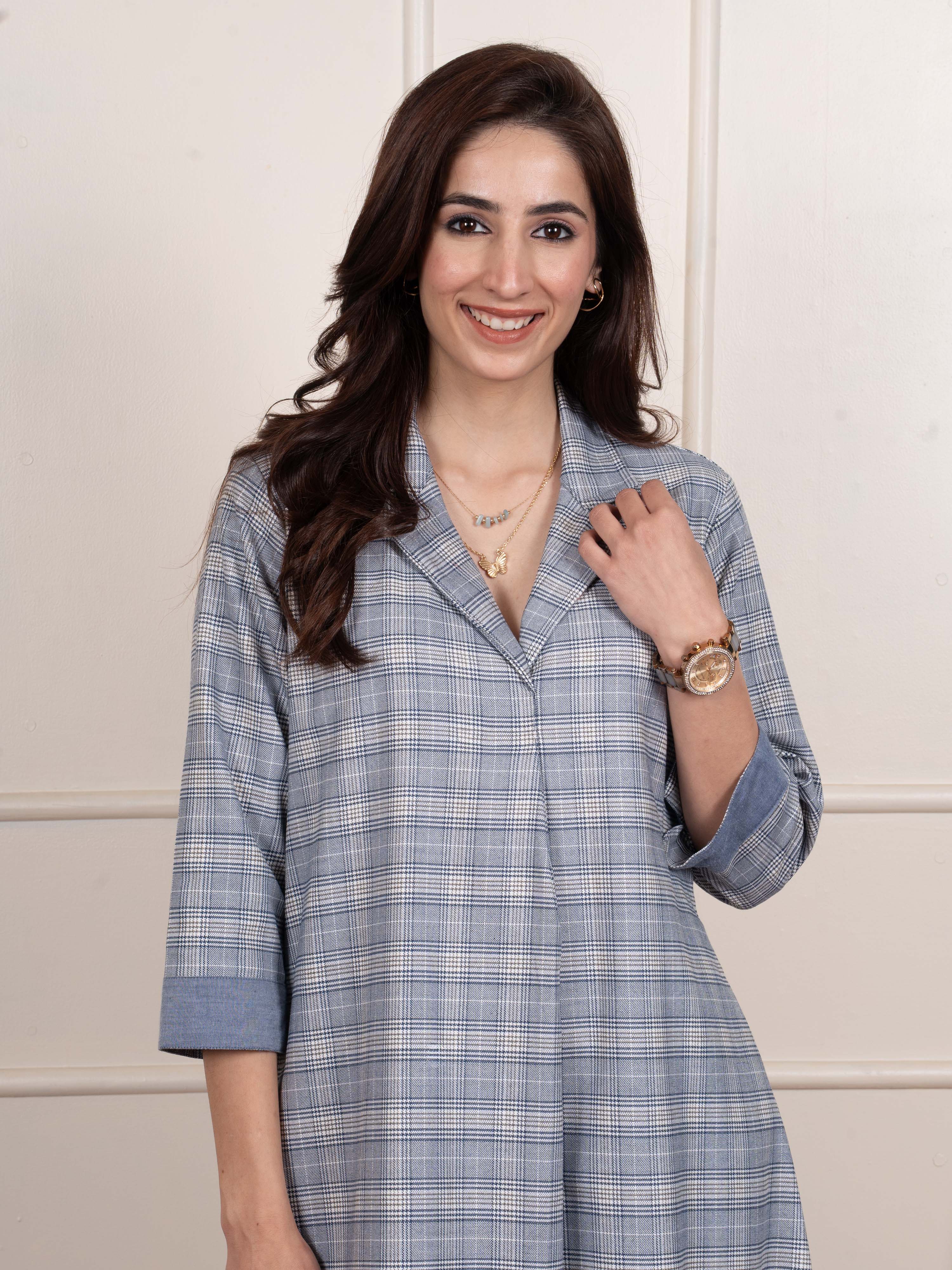 Minor Blue Colour Collar Neck Large Checks Woolen Dress For Women's