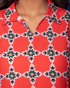 Multicolored Linen Blend Collar Abstract Print Co-Ord Set For Women's