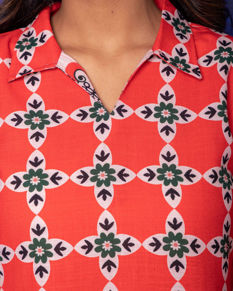 Multicolored Linen Blend Collar Abstract Print Co-Ord Set For Women's