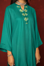 GREEN TWILL  EMBROIDERY ON KURTA COLLAR NECK KURTA SALWAR