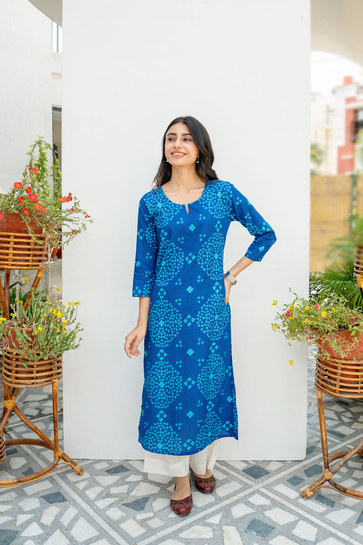 Blue Cotton Bandhani Printed Kurta For Women's