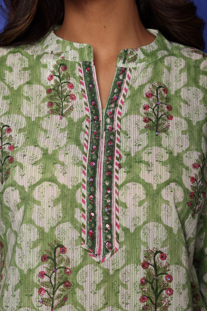 Sea Green Cotton Round Handblock Short Top For Women's