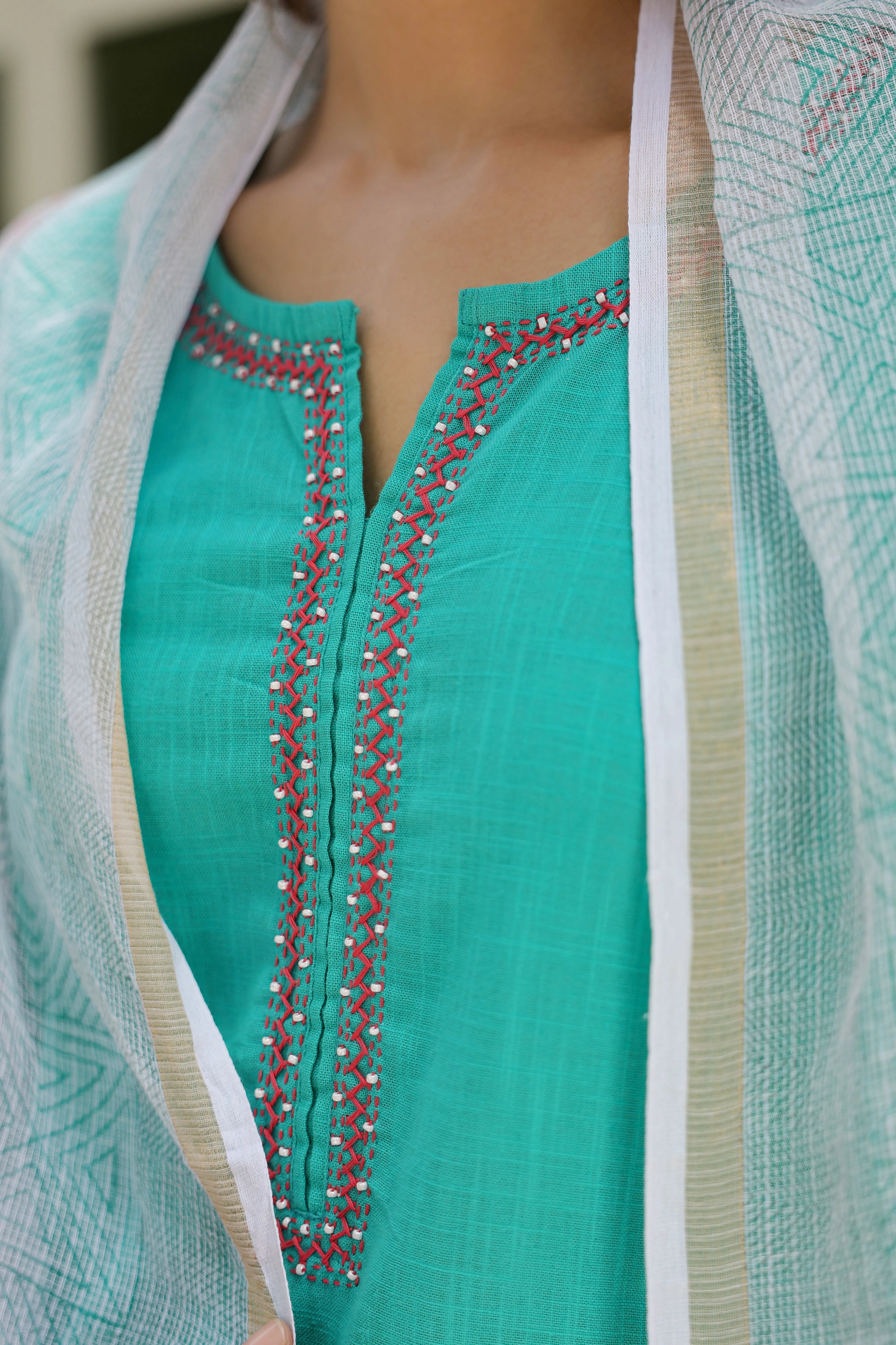 Rama Green Cotton Slub Complete Suit Set For Women's