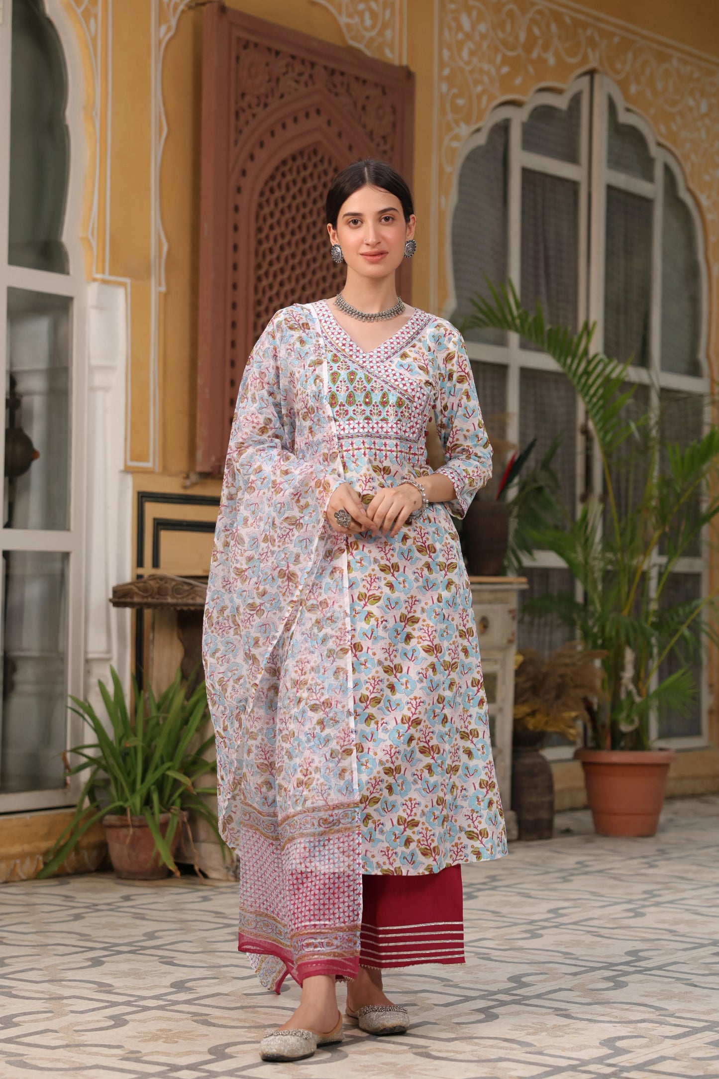 Indira Handblock Aline Kurta Dupatta Set- Women Kurta Sets