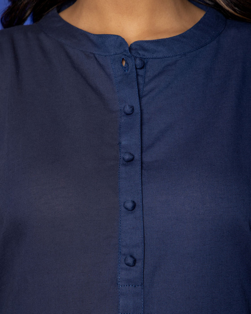 INDIGO BLUE COTTON LINEN COLLAR NECK KATHA WORK ON BACK SIDE KURTA PANT SET