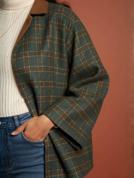 Green Colour Merino Wool Collar Neck Checkered Print Short Jacket For Women's