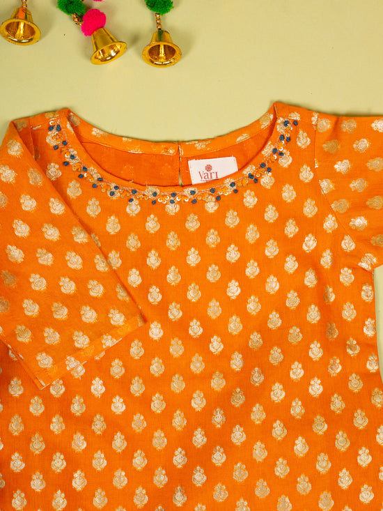 Orange Banarasi Chanderi Kurta Shrara Dupatta Set For Girls