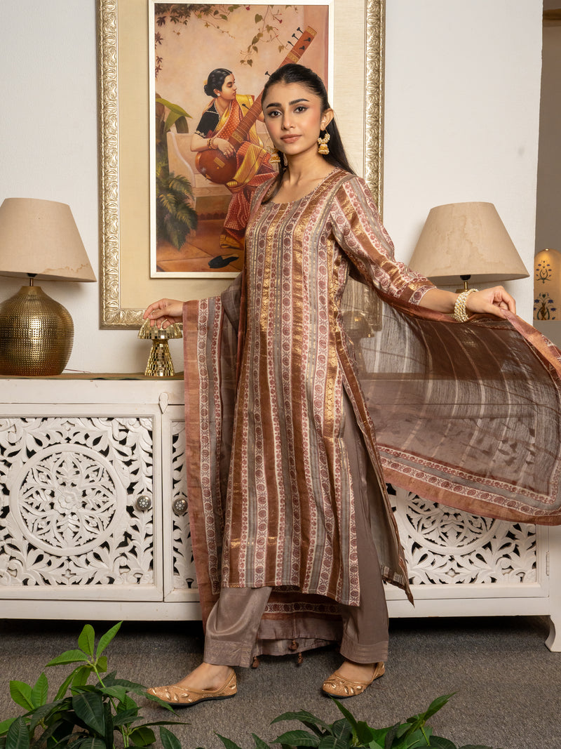 Multi Colour Tussar Silk Handblock Print Round Neck Complete Suit Set For Women's