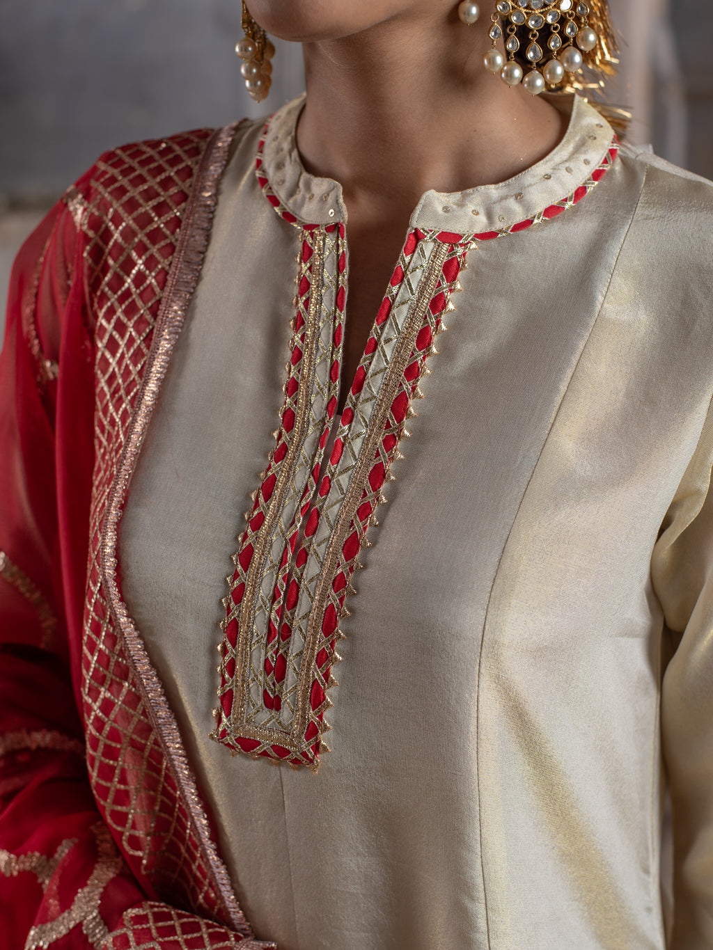 GOLD & RED TISSU SHIMMER COLLAR NECK ALL OVER WITH  GOTA WORK DUPATTA FULL SET