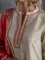GOLD & RED TISSU SHIMMER COLLAR NECK ALL OVER WITH  GOTA WORK DUPATTA FULL SET