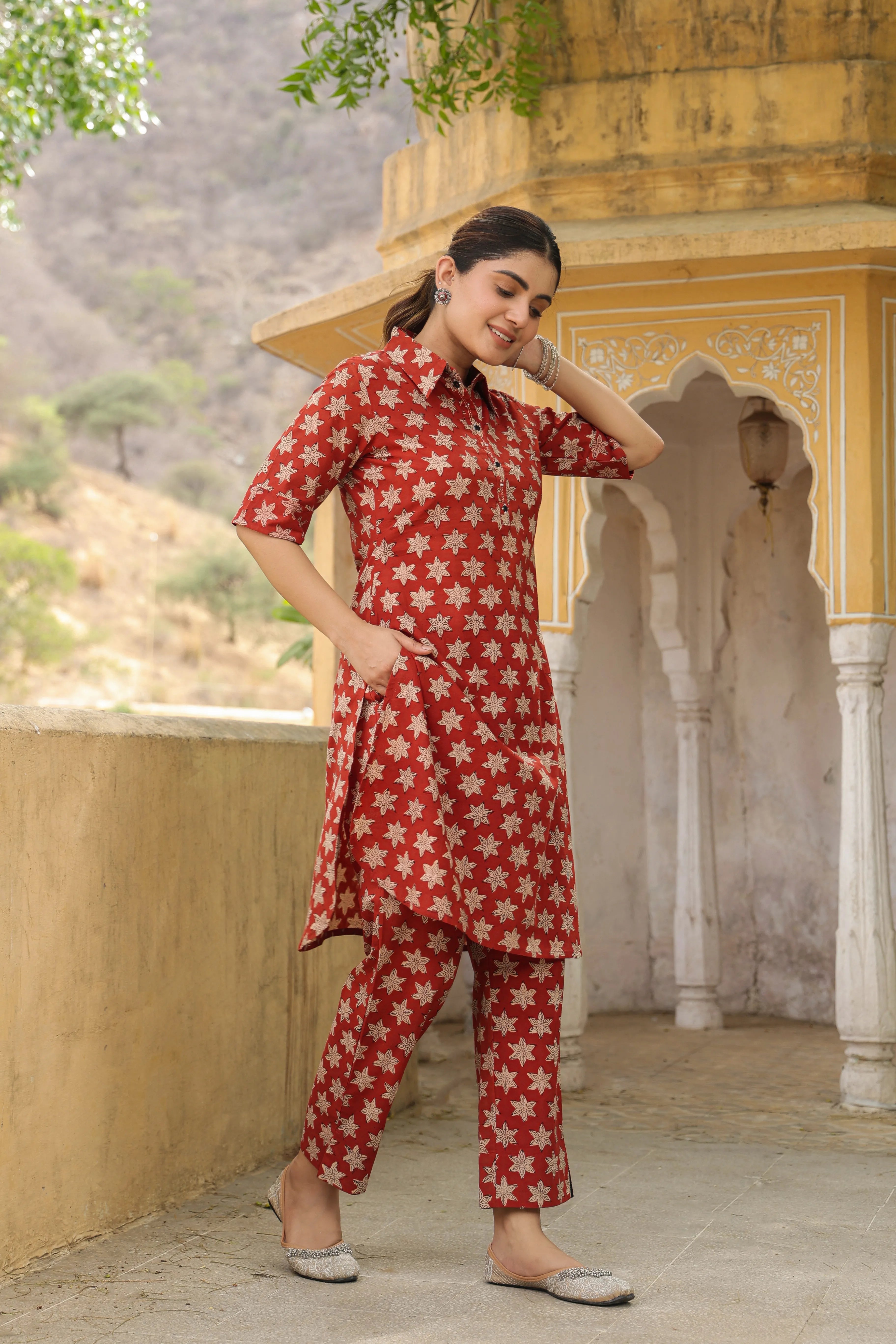 MAROON COTTON COLLOR NECK BAGRU HANDBLOCK PRINT CO-ORD SET