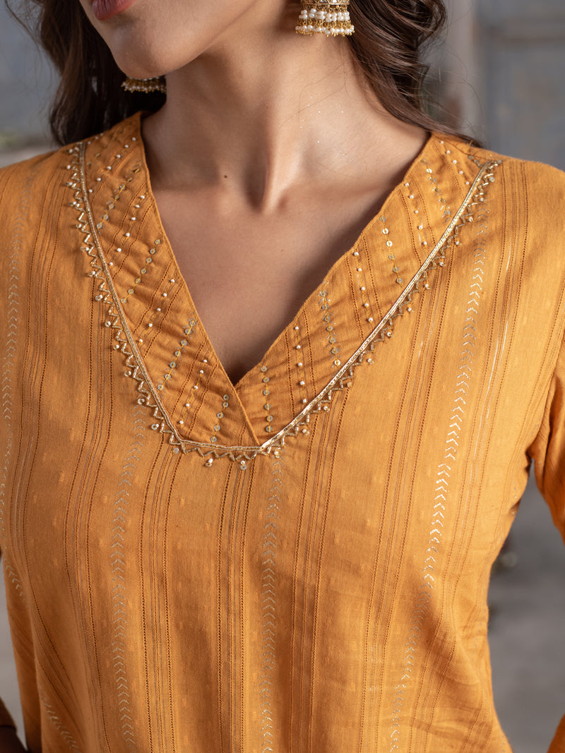 MUSTERD COTTON DOBBY V NECK BEADS WORK WITH GOTA KURTA PANT SET