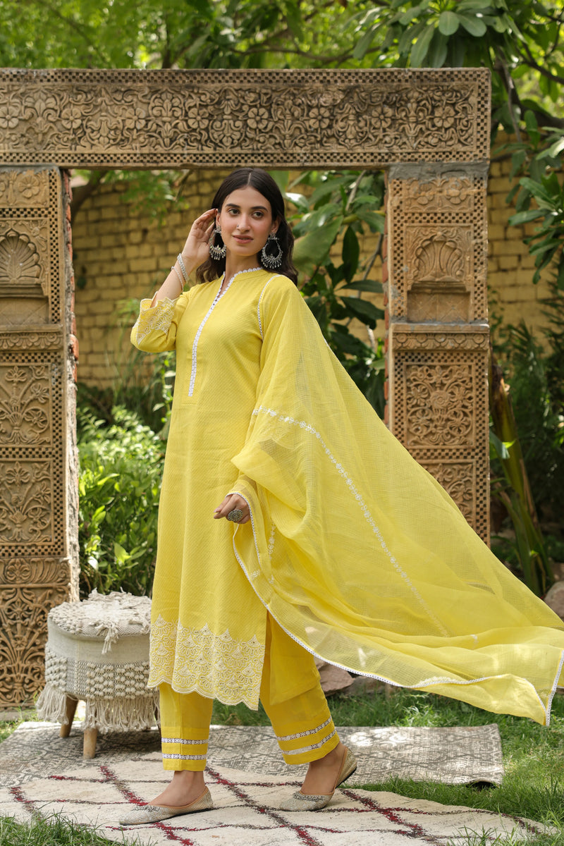 Lemon Yellow Kurta Cotton Dobby-Pant Cotton - With Kota Doriya Dupatta