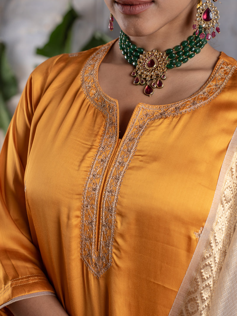 Golden Mustard Modal Silk Kurta Pant For Women's