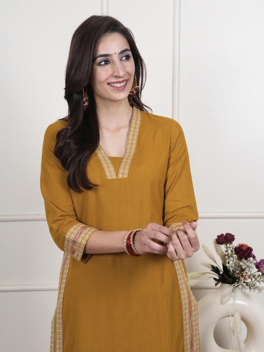 Mustard South Handloom Kurta Pant Set For Women's