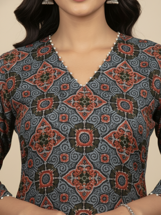 Blue Colour Cotton V-Neck Floral Print Bead Work Kurta For Women's