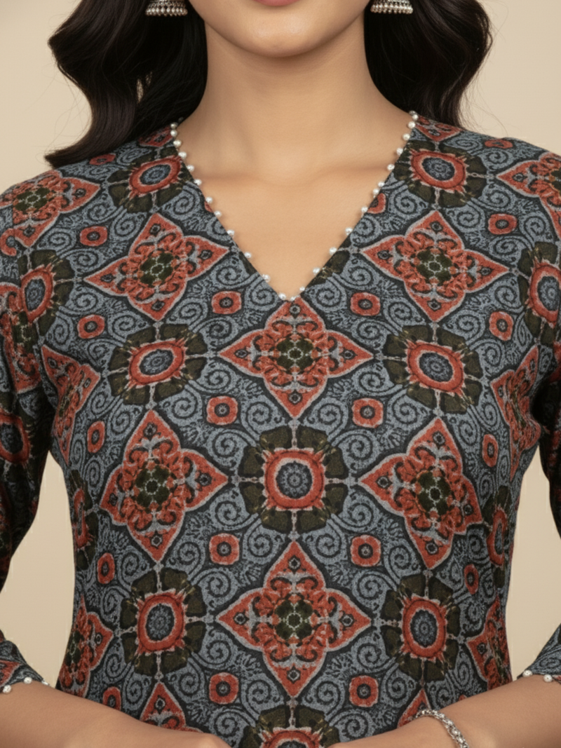 Blue Colour Cotton V-Neck Floral Print Bead Work Kurta For Women's
