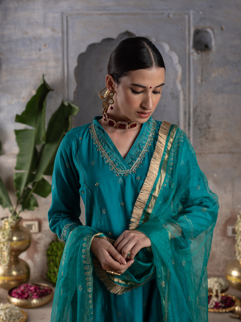 Rama Green Chanderi V-Neck Complete Suit Set For Women's