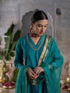 Rama Green Chanderi V-Neck Complete Suit Set For Women's