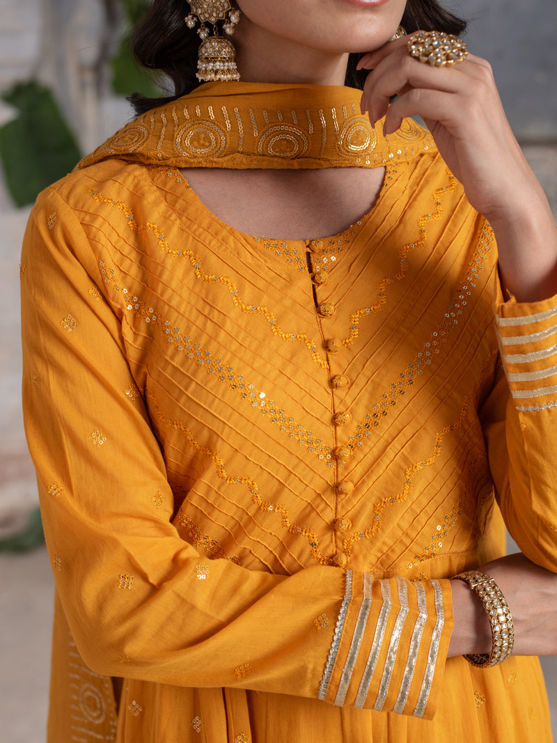 MUSTURD COTTON ROUND NECK KURTA PANT WITH KOTA DORIYA DUPATTA