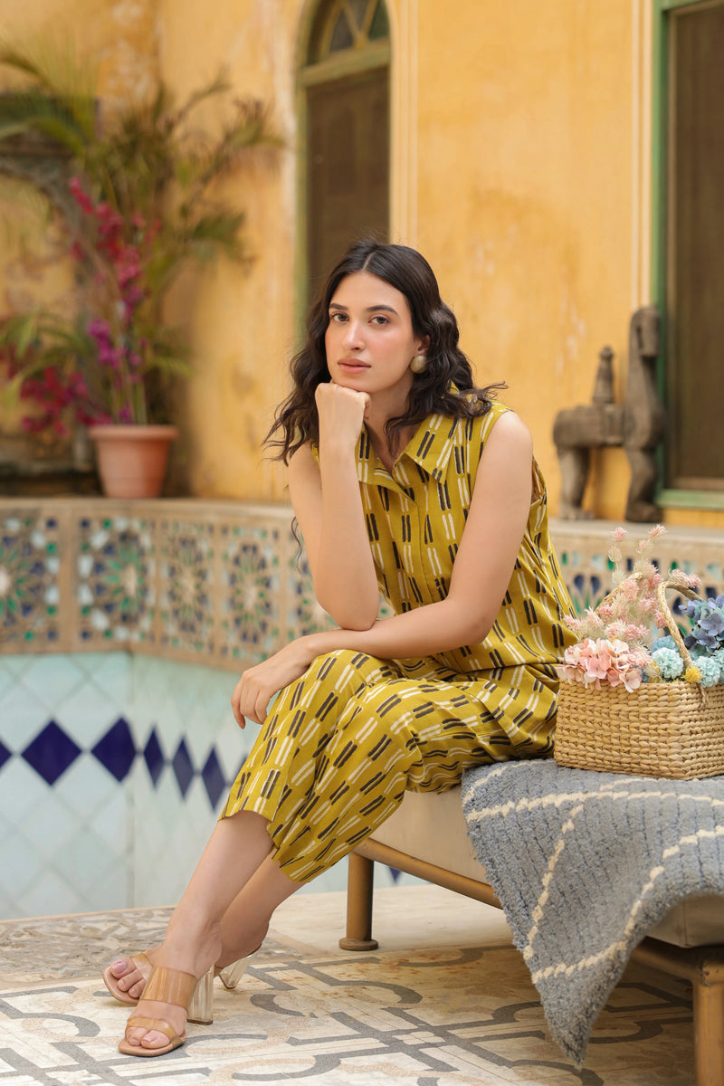 Mustard Cotton Collar Neck Handblock Co-Ord Set For Women's