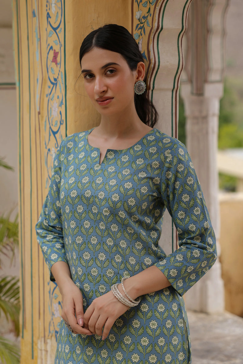 Grey with Green Floral Printed Kurta For Women's
