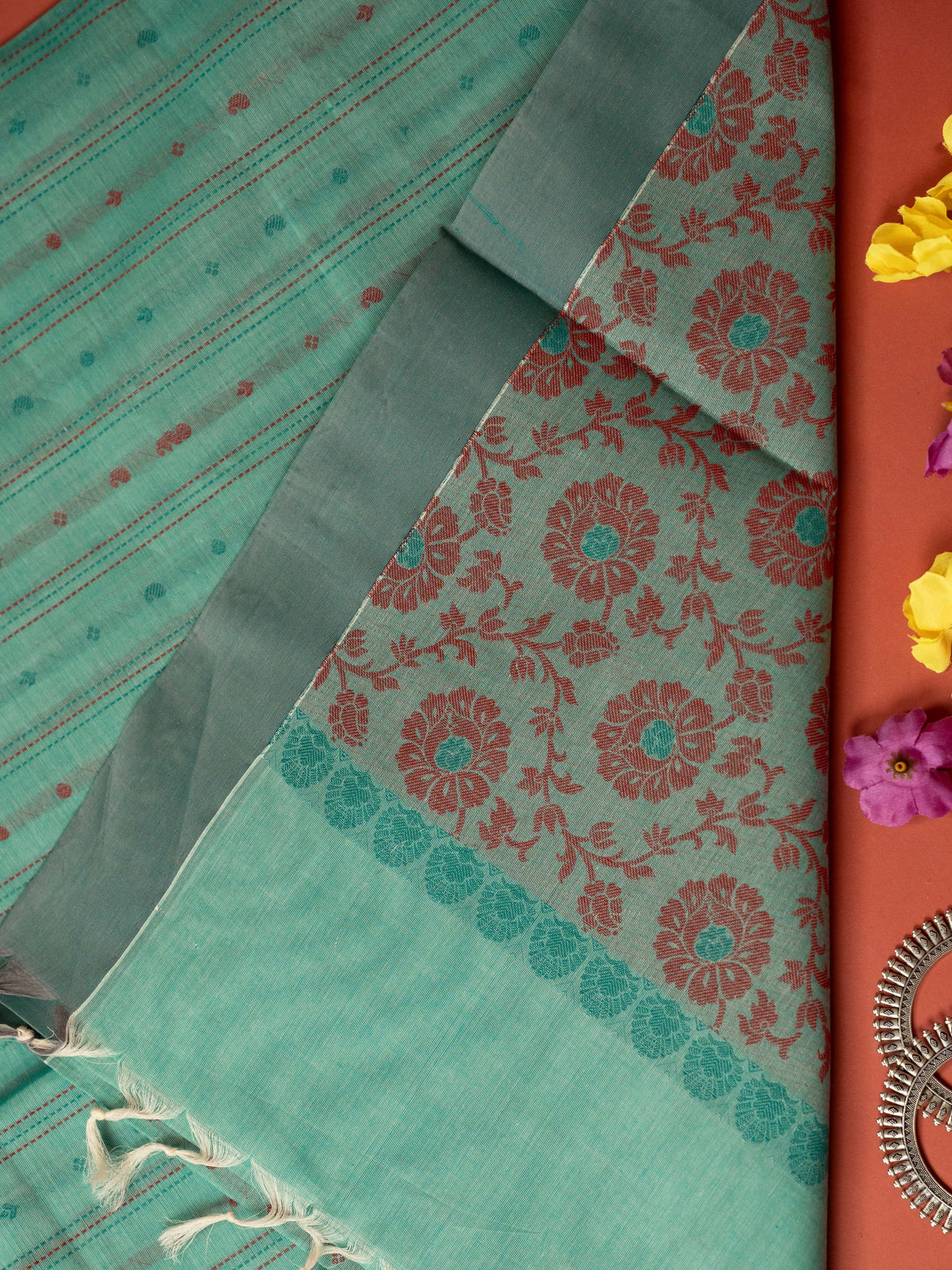 Rama Green Colour Cotton Handloom Self Weaned Saree