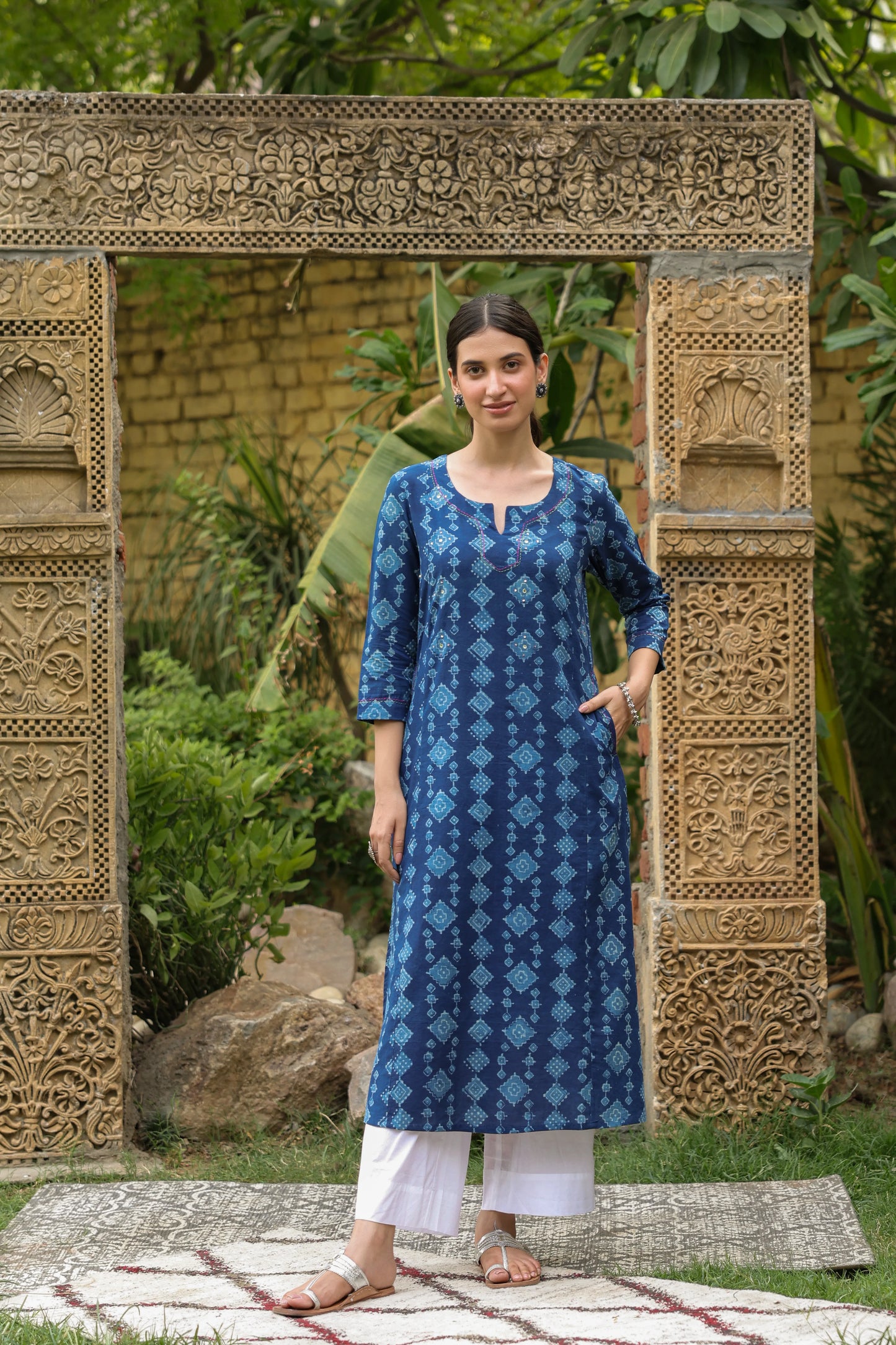 Indigo Handblock Kurta with Sequence and Mirror Work