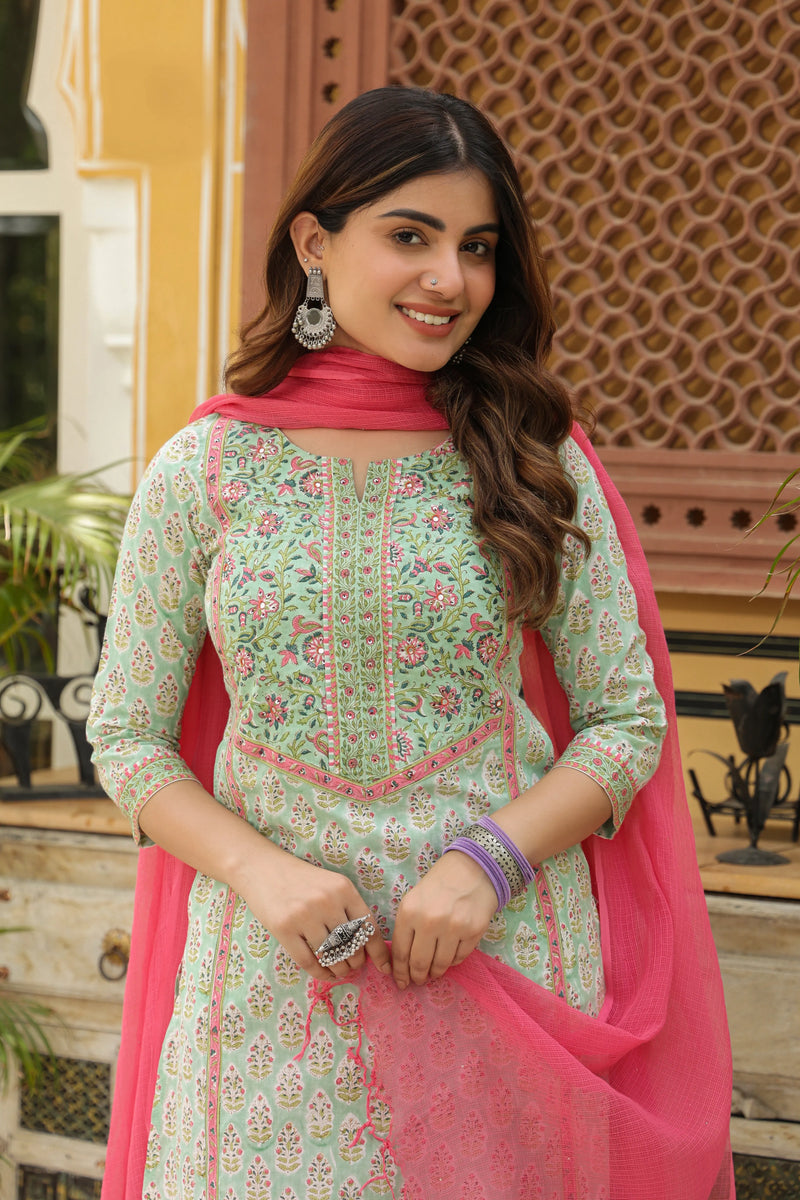 Light Pista Green Handblock Printed Kurta For Women's