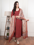 Maroon Cotton Round Neck Complete Suit Set For Women's